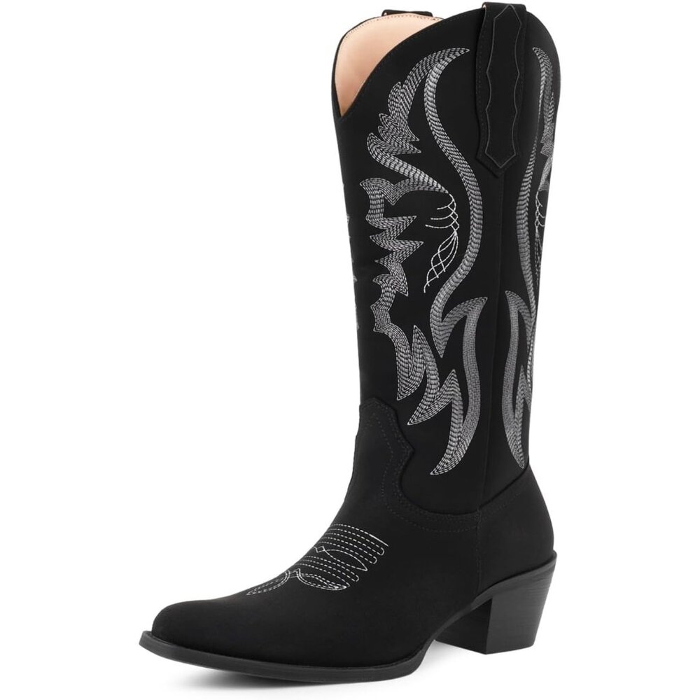 Women Black Mid Calf - Suede Cowgirl Boots Pointed Toe Chunky Heel Western